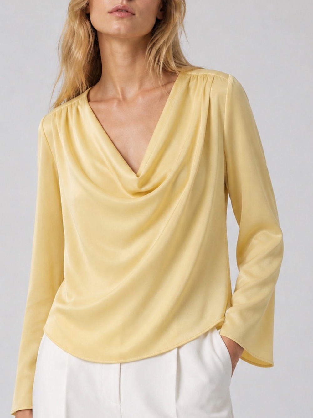 Ramy Brook Tayler Satin Drape Cow Neck Blouse Top in Butter Yellow